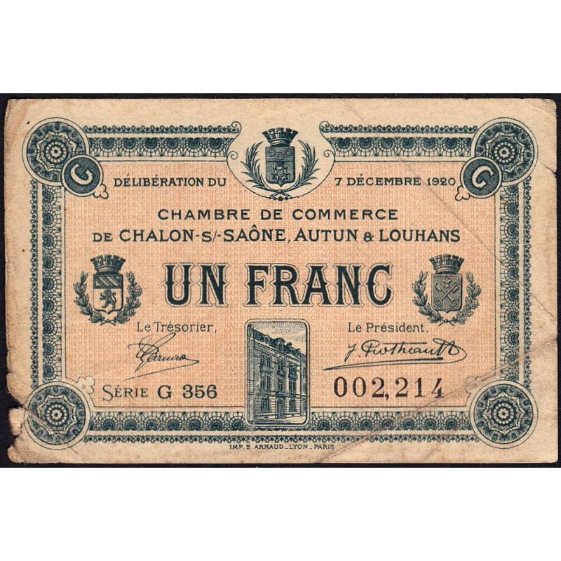 Chalon-sur-Saône, Autun, Louhans - Pirot 42-30 - 1 franc - Série G 356 - 07/12/1920 - Etat : B