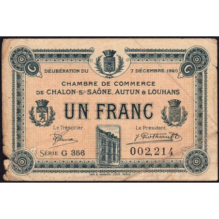 Chalon-sur-Saône, Autun, Louhans - Pirot 42-30 - 1 franc - Série G 356 - 07/12/1920 - Etat : B