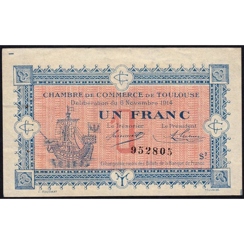 Toulouse - Pirot 122-14 variété - 1 franc - Série 2 - 06/11/1914 - Etat : TTB+