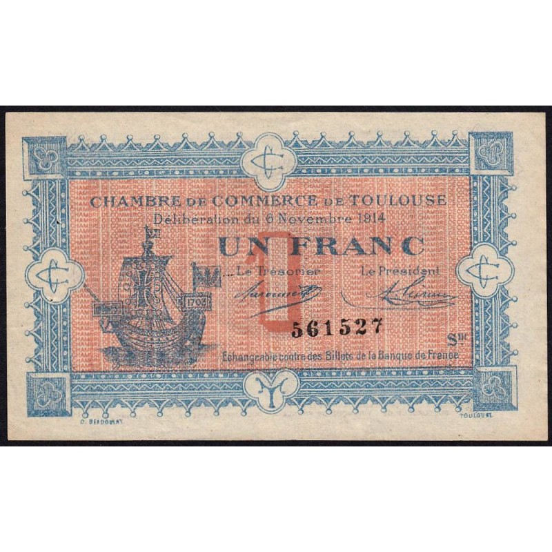 Toulouse - Pirot 122-14 - 1 franc - Série III - 06/11/1914 - Etat : TTB+