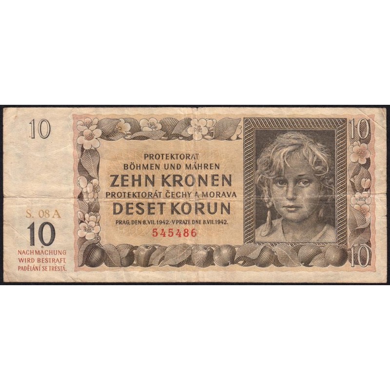 Bohême-Moravie - Pick 8a - 10 korun - 08/07/1942 - Série 08A - Etat : TB