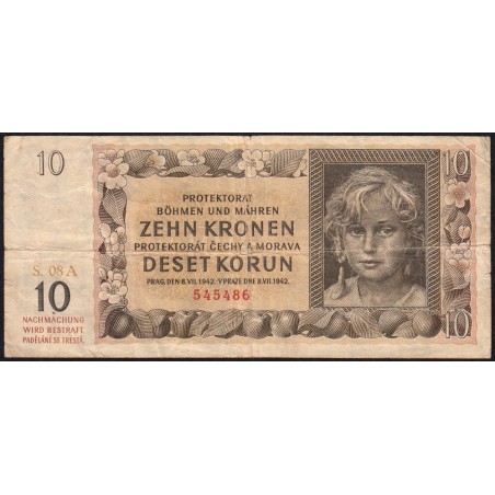 Bohême-Moravie - Pick 8a - 10 korun - 08/07/1942 - Série 08A - Etat : TB