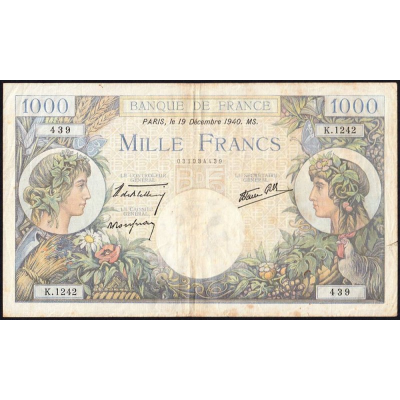 F 39-03 - 19/12/1940 - 1000 francs - Commerce - Série K.1242 - Etat : TB