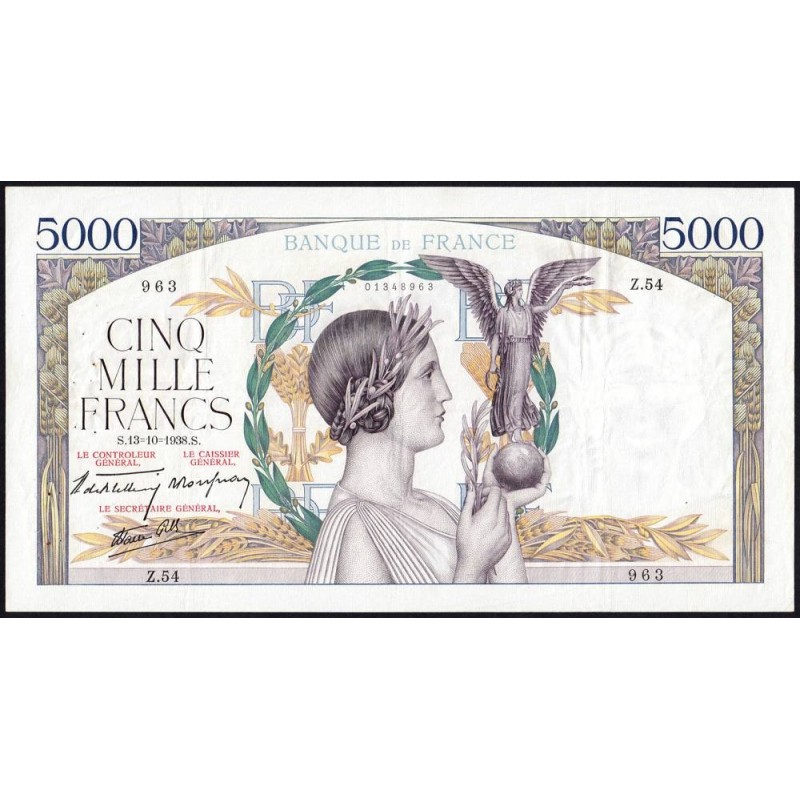 F 45-01 - 13/10/1938 - 5000 francs - Victoire modifié 1 - Série Z.54 - Etat : TTB+