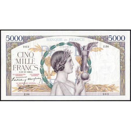 F 45-01 - 13/10/1938 - 5000 francs - Victoire modifié 1 - Série Z.54 - Etat : TTB+