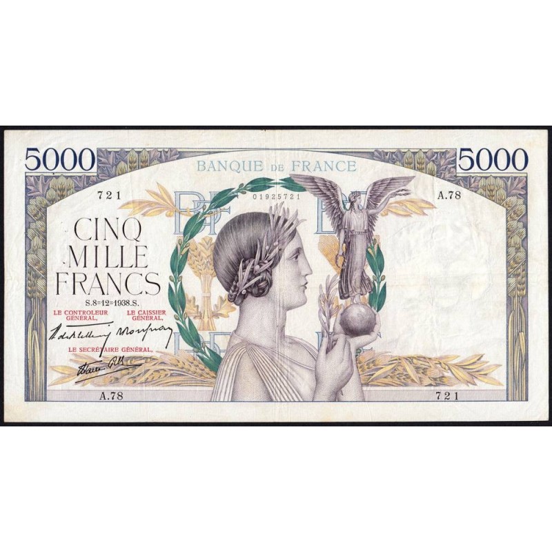 F 46-01 - 08/12/1938 - 5000 francs - Victoire modifié 2 - Série A.78 - Etat : TTB