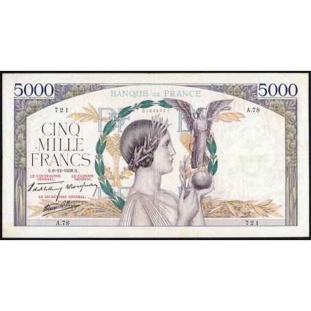 F 46-01 - 08/12/1938 - 5000 francs - Victoire modifié 2 - Série A.78 - Etat : TTB