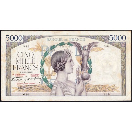 F 46-01 - 08/12/1938 - 5000 francs - Victoire modifié 2 - Série G.84 - Etat : TB
