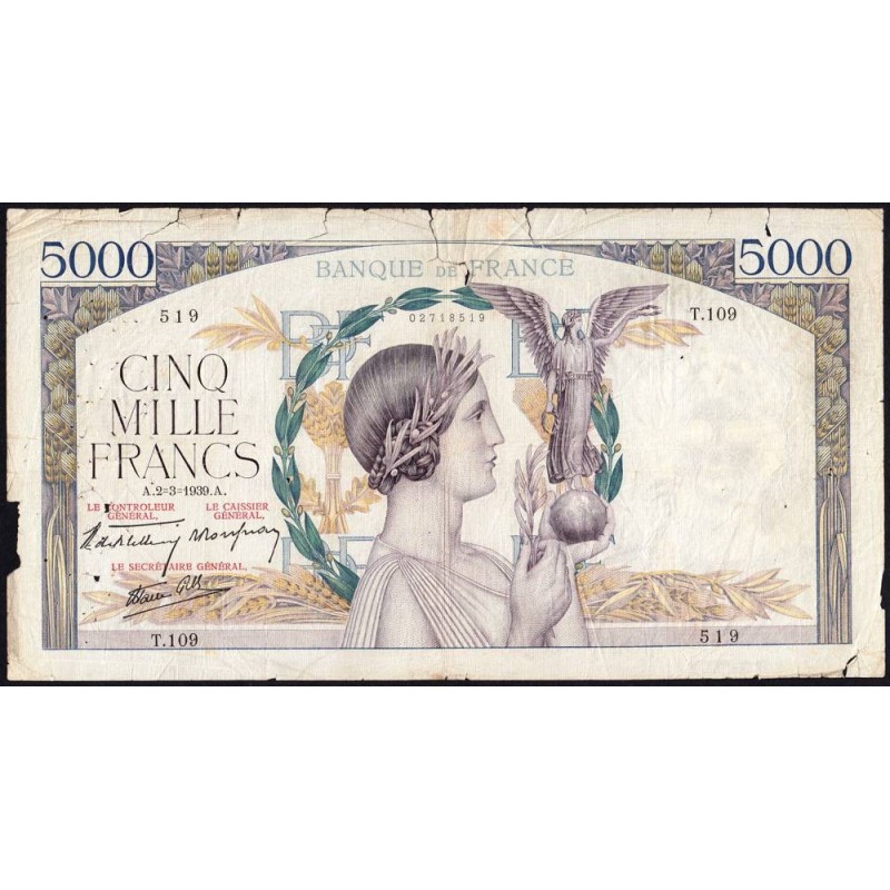 F 46-03 - 02/03/1939 - 5000 francs - Victoire modifié 2 - Série T.109 - Etat : B-