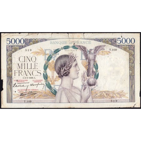 F 46-03 - 02/03/1939 - 5000 francs - Victoire modifié 2 - Série T.109 - Etat : B-