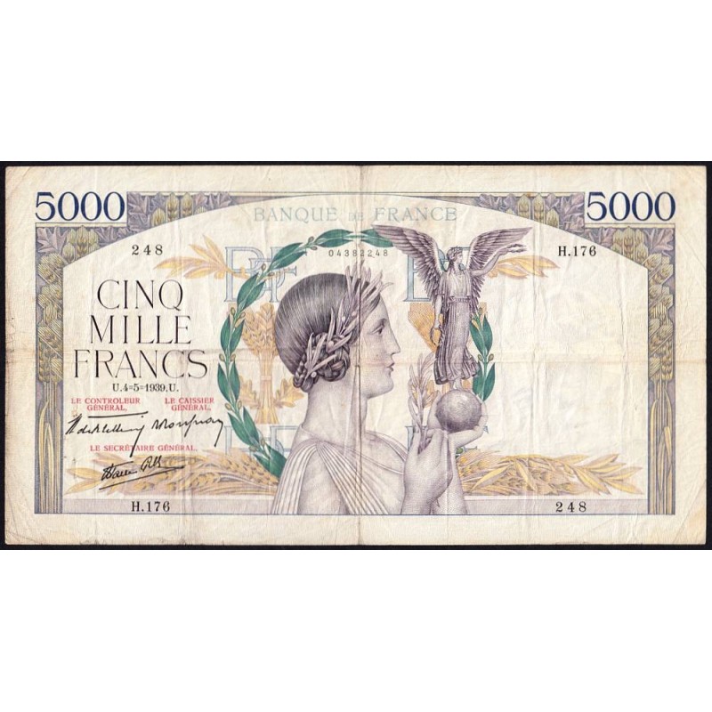 F 46-05 - 04/05/1939 - 5000 francs - Victoire modifié 2 - Série H.176 - Etat : TB