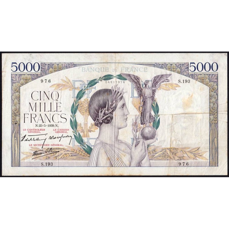 F 46-06 - 25/05/1939 - 5000 francs - Victoire modifié 2 - Série S.193 - Etat : TB
