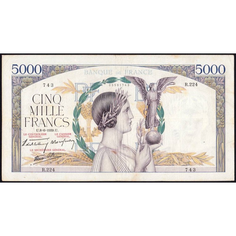F 46-07 - 08/06/1939 - 5000 francs - Victoire modifié 2 - Série R.224 - Etat : TB+