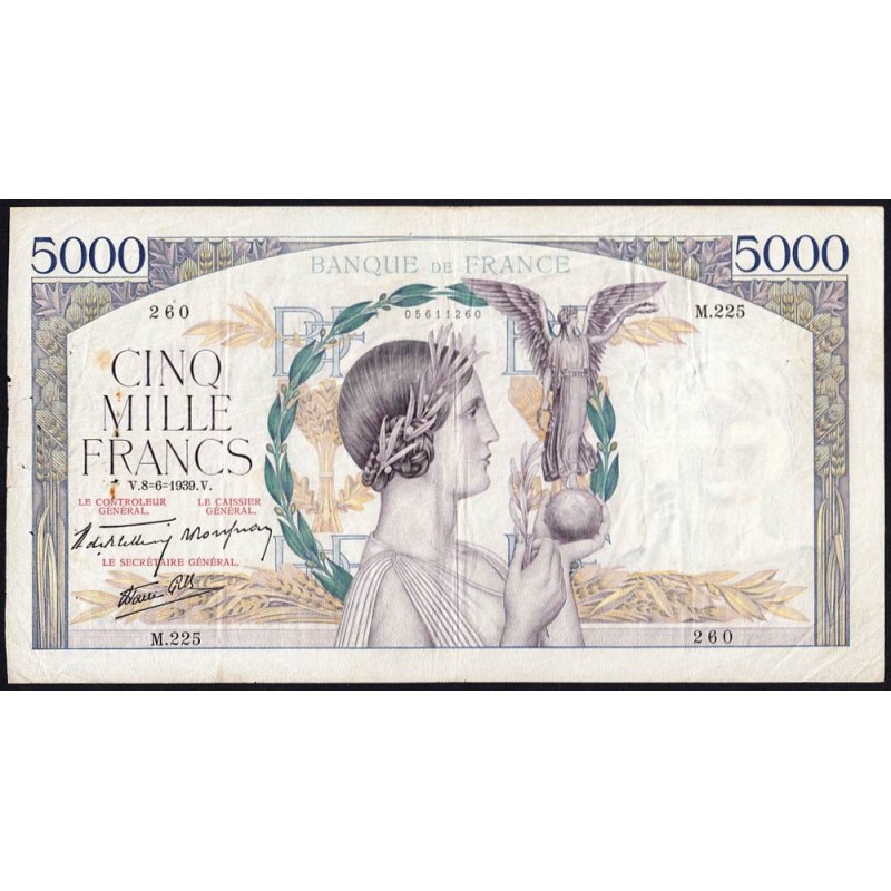F 46-07 - 08/06/1939 - 5000 francs - Victoire modifié 2 - Série M.225 - Etat : TTB-