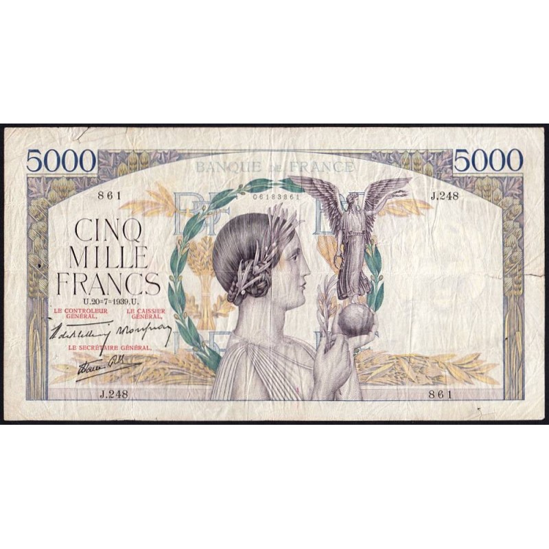 F 46-08 - 20/07/1939 - 5000 francs - Victoire modifié 2 - Série J.248 - Etat : B