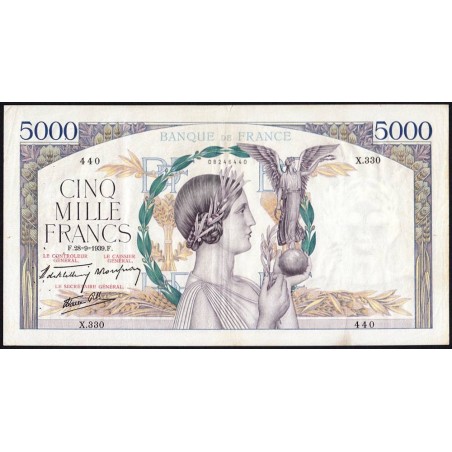 F 46-12 - 28/09/1939 - 5000 francs - Victoire modifié 2 - Série X.330 - Etat : TTB+