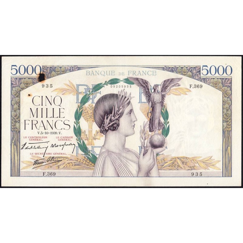 F 46-13 - 05/10/1939 - 5000 francs - Victoire modifié 2 - Série F.369 - Etat : TB+