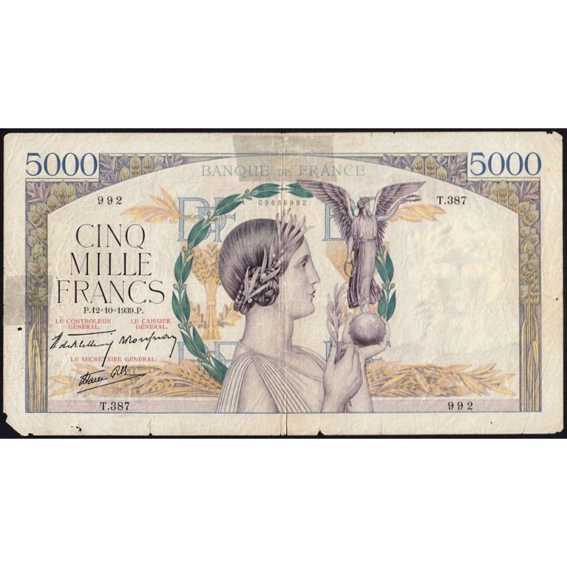 F 46-14 - 12/10/1939 - 5000 francs - Victoire modifié 2 - Série T.387 - Etat : B-