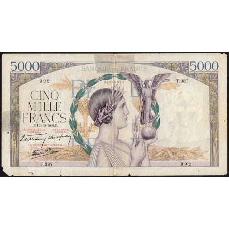 F 46-14 - 12/10/1939 - 5000 francs - Victoire modifié 2 - Série T.387 - Etat : B-