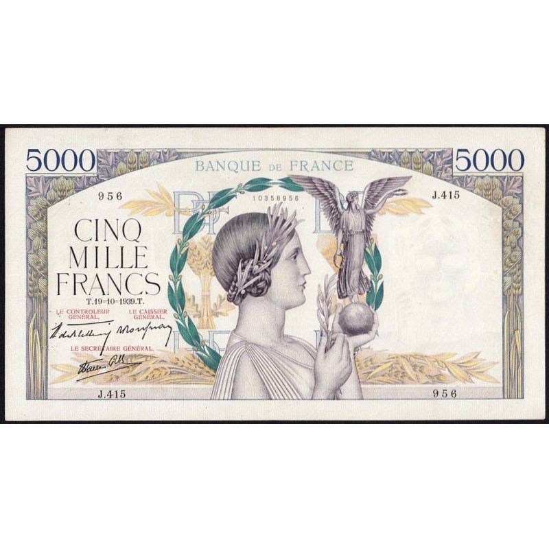 F 46-15 - 19/10/1939 - 5000 francs - Victoire modifié 2 - Série J.415 - Etat : SUP