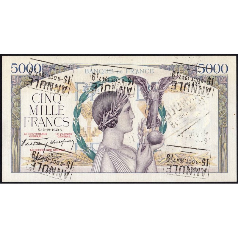 F 46-16 - 12/12/1940 - 5000 francs - Victoire modifié 2 - Série U.438 - Annulé - Etat : SPL