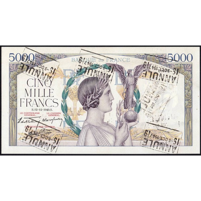 F 46-16 - 12/12/1940 - 5000 francs - Victoire modifié 2 - Série U.438 - Annulé - Etat : SPL