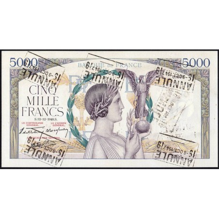 F 46-16 - 12/12/1940 - 5000 francs - Victoire modifié 2 - Série U.438 - Annulé - Etat : SPL