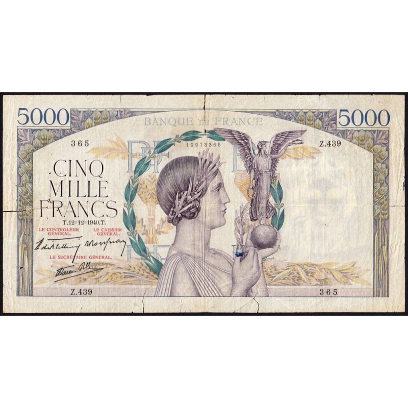 F 46-16 - 12/12/1940 - 5000 francs - Victoire modifié 2 - Série Z.439 - Etat : B-