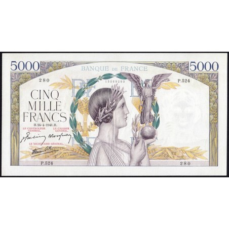 F 46-20 - 24/04/1941 - 5000 francs - Victoire modifié 2 - Série P.524 - Etat : SUP+