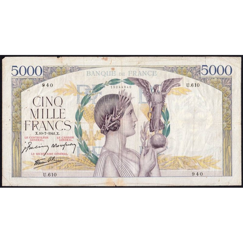 F 46-23 - 10/07/1941 - 5000 francs - Victoire modifié 2 - Série U.610 - Etat : TB-