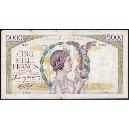 F 46-23 - 10/07/1941 - 5000 francs - Victoire modifié 2 - Série U.610 - Etat : TB-
