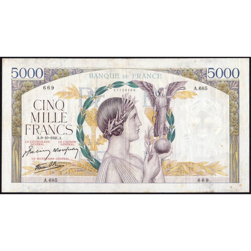 F 46-27 - 09/10/1941 - 5000 francs - Victoire modifié 2 - Série A.685 - Etat : TB+