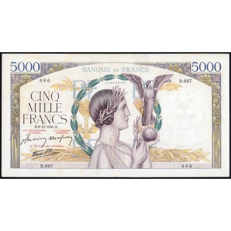 F 46-27 - 09/10/1941 - 5000 francs - Victoire modifié 2 - Série D.697 - Etat : TTB