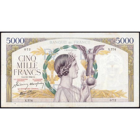 F 46-30 - 04/12/1941 - 5000 francs - Victoire modifié 2 - Série X.774 - Etat : TTB