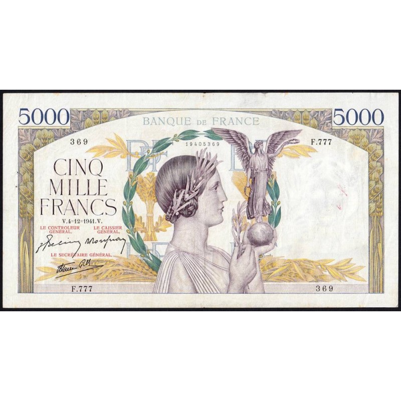 F 46-30 - 04/12/1941 - 5000 francs - Victoire modifié 2 - Série F.777 - Etat : TTB-