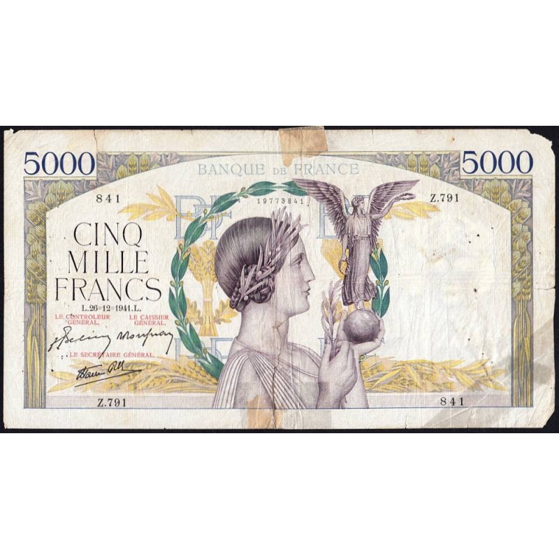 F 46-31 - 26/12/1941 - 5000 francs - Victoire modifié 2 - Série Z.791 - Etat : AB
