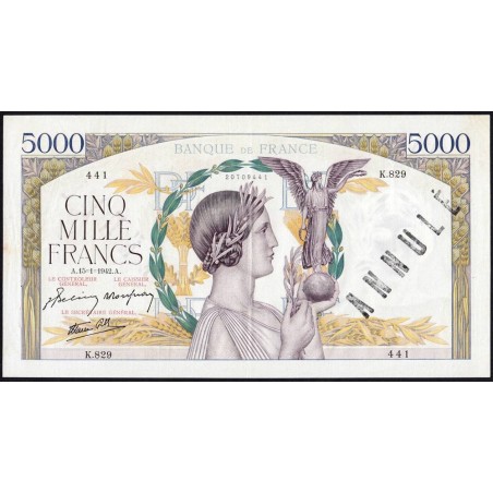 F 46-33 - 15/01/1942 - 5000 francs - Victoire modifié 2 - Série K.829 - Annulé - Etat : TTB+