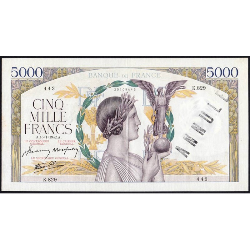 F 46-33 - 15/01/1942 - 5000 francs - Victoire modifié 2 - Série K.829 - Annulé - Etat : SUP