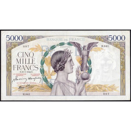 F 46-33 - 15/01/1942 - 5000 francs - Victoire modifié 2 - Série H.841 - Etat : TTB+