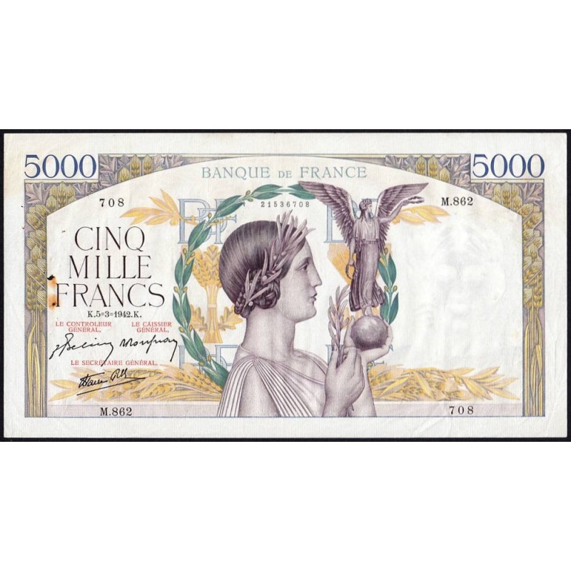 F 46-34 - 05/03/1942 - 5000 francs - Victoire modifié 2 - Série M.862 - Etat : TTB-