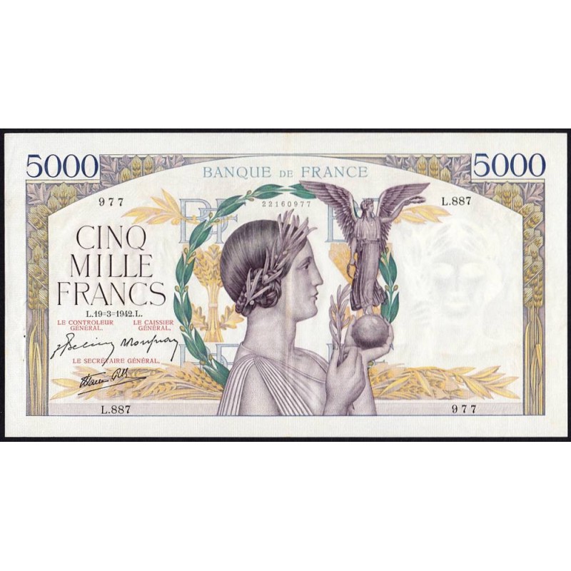 F 46-35 - 19/03/1942 - 5000 francs - Victoire modifié 2 - Série L.887 - Etat : SUP-