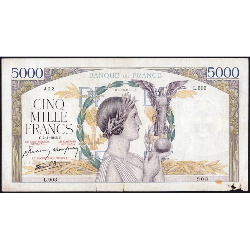 F 46-36 - 02/04/1942 - 5000 francs - Victoire modifié 2 - Série L.903 - Etat : TB-
