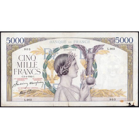 F 46-36 - 02/04/1942 - 5000 francs - Victoire modifié 2 - Série L.903 - Etat : TB-