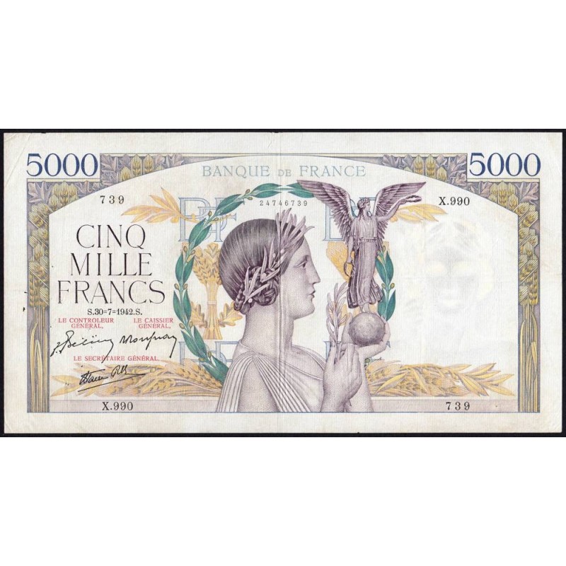 F 46-39 - 30/07/1942 - 5000 francs - Victoire modifié 2 - Série X.990 - Etat : TTB