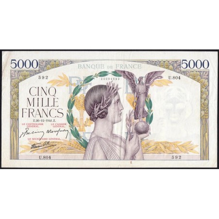 F 46-31 - 26/12/1941 - 5000 francs - Victoire modifié 2 - Série U.804 - Etat : TTB