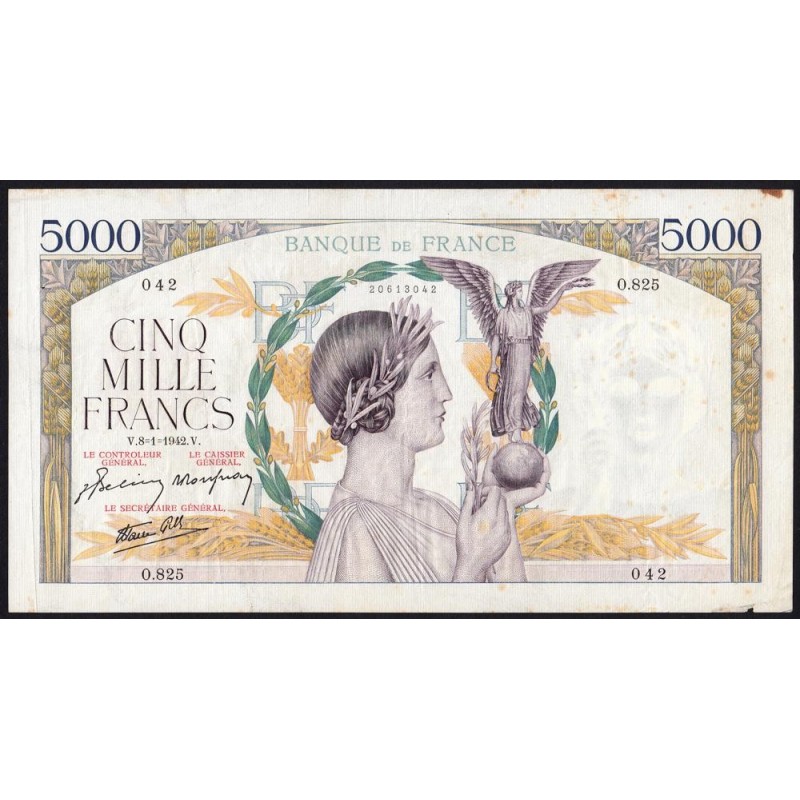 F 46-32 - 08/01/1942 - 5000 francs - Victoire modifié 2 - Série O.825 - Etat : TB+