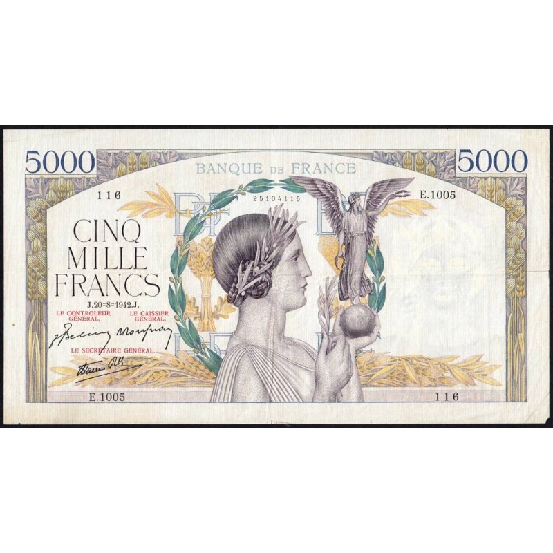 F 46-40 - 20/08/1942 - 5000 francs - Victoire modifié 2 - Série E.1005 - Etat : TTB