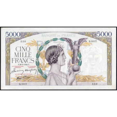 F 46-40 - 20/08/1942 - 5000 francs - Victoire modifié 2 - Série Q.1017 - Etat : TTB+