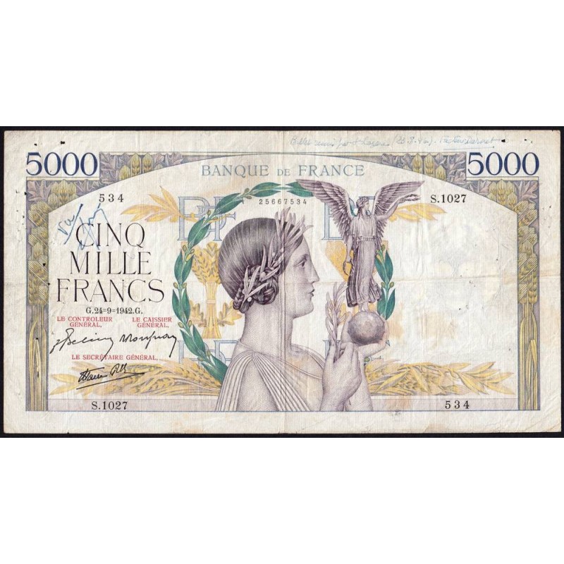 F 46-41 - 24/09/1942 - 5000 francs - Victoire modifié 2 - Série S.1027 - Etat : TB