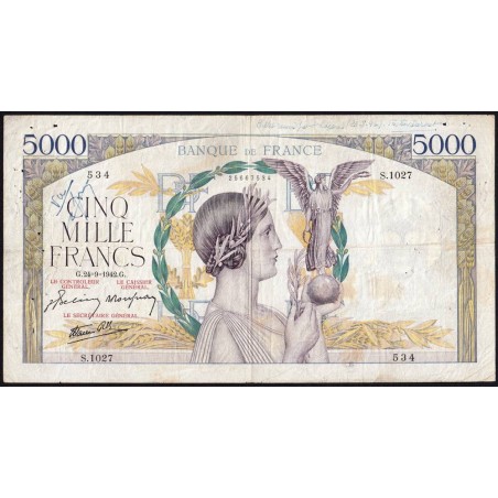 F 46-41 - 24/09/1942 - 5000 francs - Victoire modifié 2 - Série S.1027 - Etat : TB